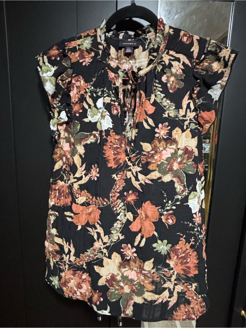 Banana Republic Floral Tie-Neck Ruffle Cap-Sleeve Blouse - Black/Multi
